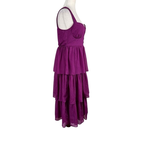 Lulus Tier for the Drama Magenta Purple Lurex Tiered Midi Dress - Picture 6 of 15